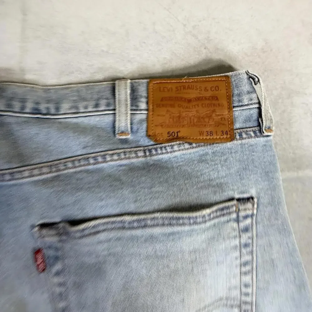 Levis Premium 501 Jeans Mens 38x34 Blue Light Wash Straight Leg Stretch Denim